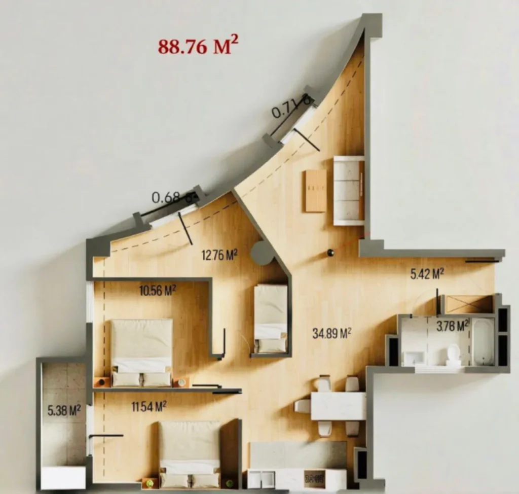 Przestronne i nowoczesne mieszkanie z trzema pokojami o powierzchni 88,76 m² w
