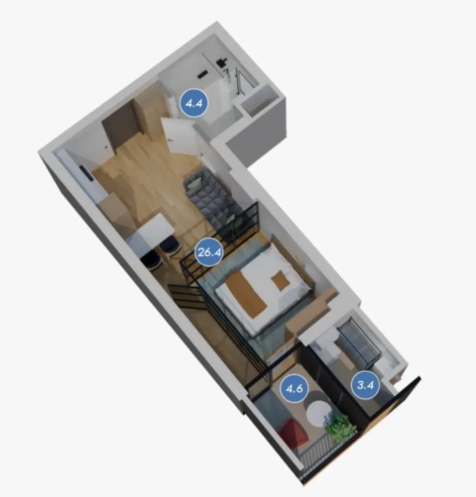 Appartement de trois pièces avec vue panoramique, d'une superficie de 39,1 m², situé à
