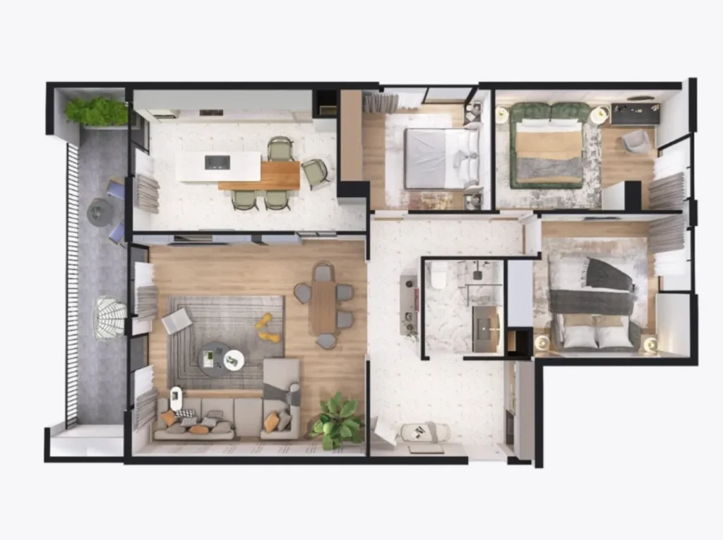 Dwupokojowe mieszkanie z panoramicznymi oknami o powierzchni 121,63 m² w