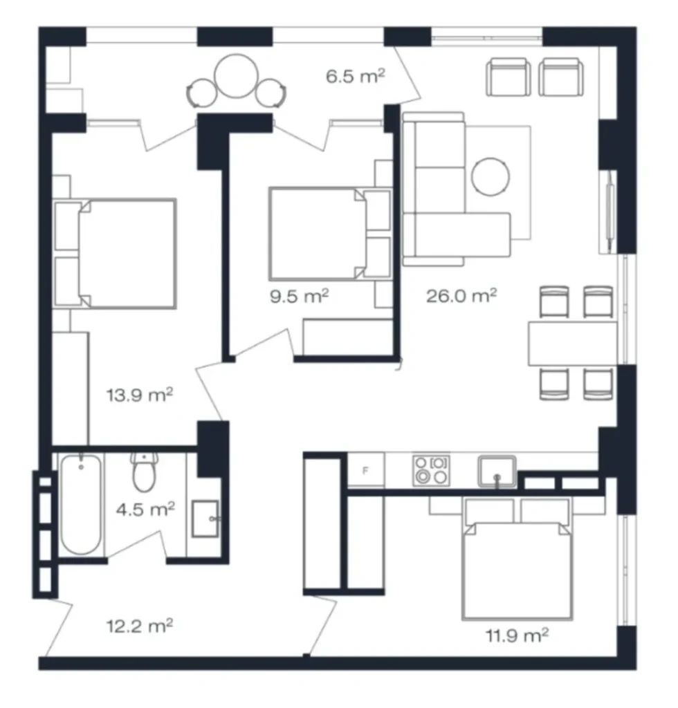 Un appartamento compatto di 2 locali di 87,5 m² a