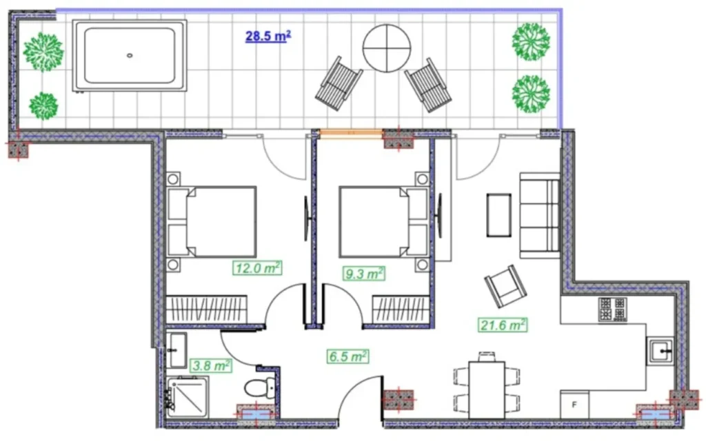 A bright two-room flat with a large balcony, measuring 85.1 m², in