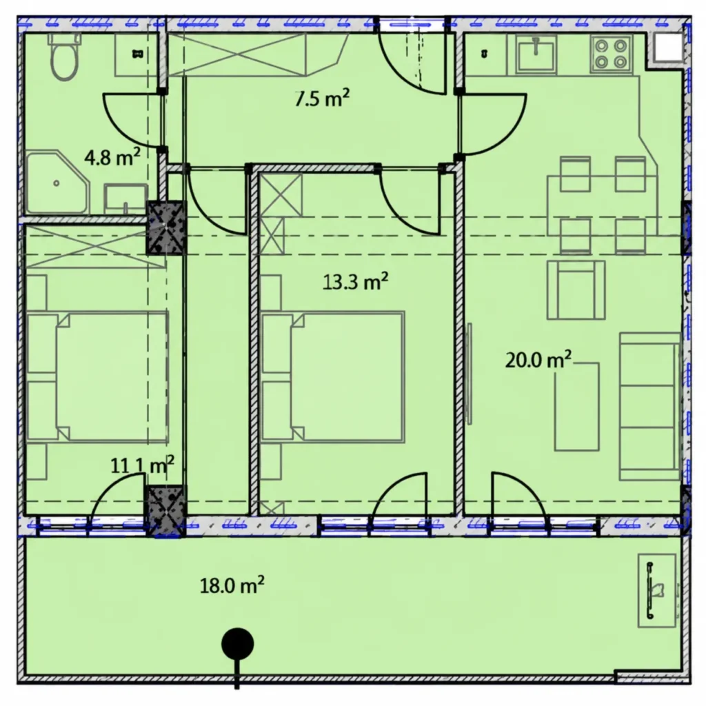 Kompakte Zweizimmerwohnung in Saburtalo, 76,7 m² in