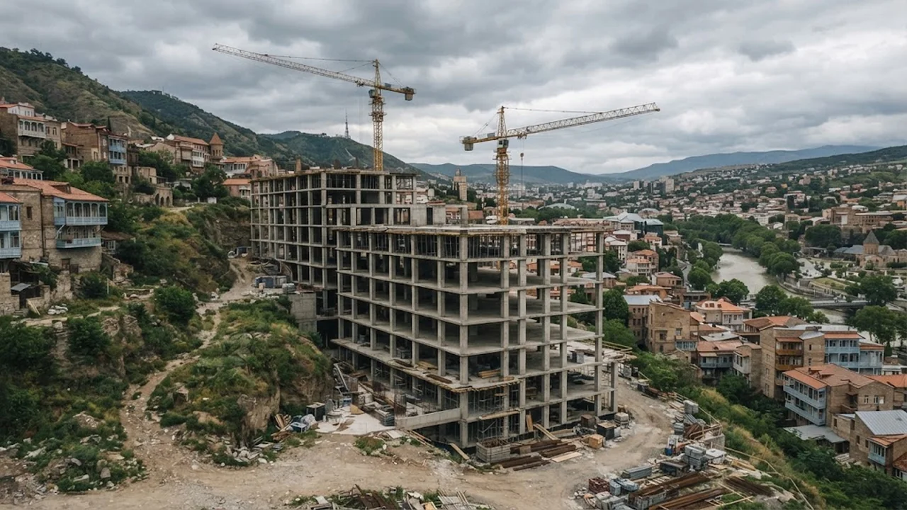An unfinished residential building on a hillside in Tbilisi