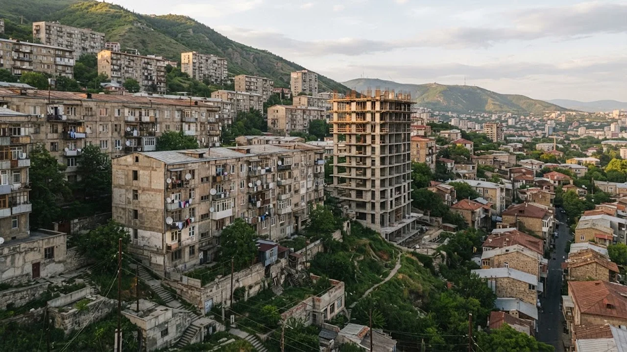 Residential buildings on a hillside in Tbilisi, including an unfinished building