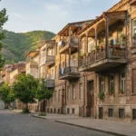 Жилые дома с балконами на тихой улице в Тбилиси