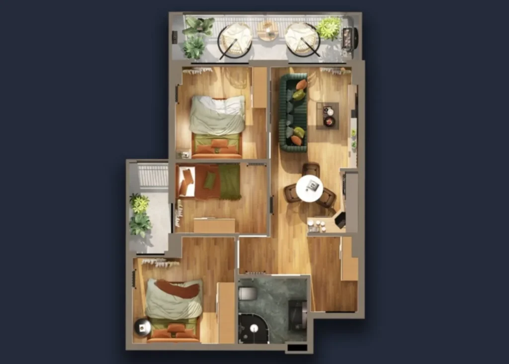 Třípokojový rodinný byt v Gldani o rozloze 59,61 m² v
