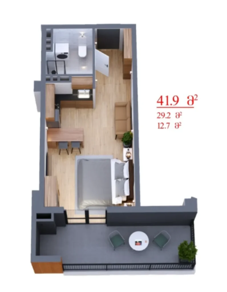 Studio fonctionnel à Nadzaladevi, d'une superficie de 41,9 m², situé à