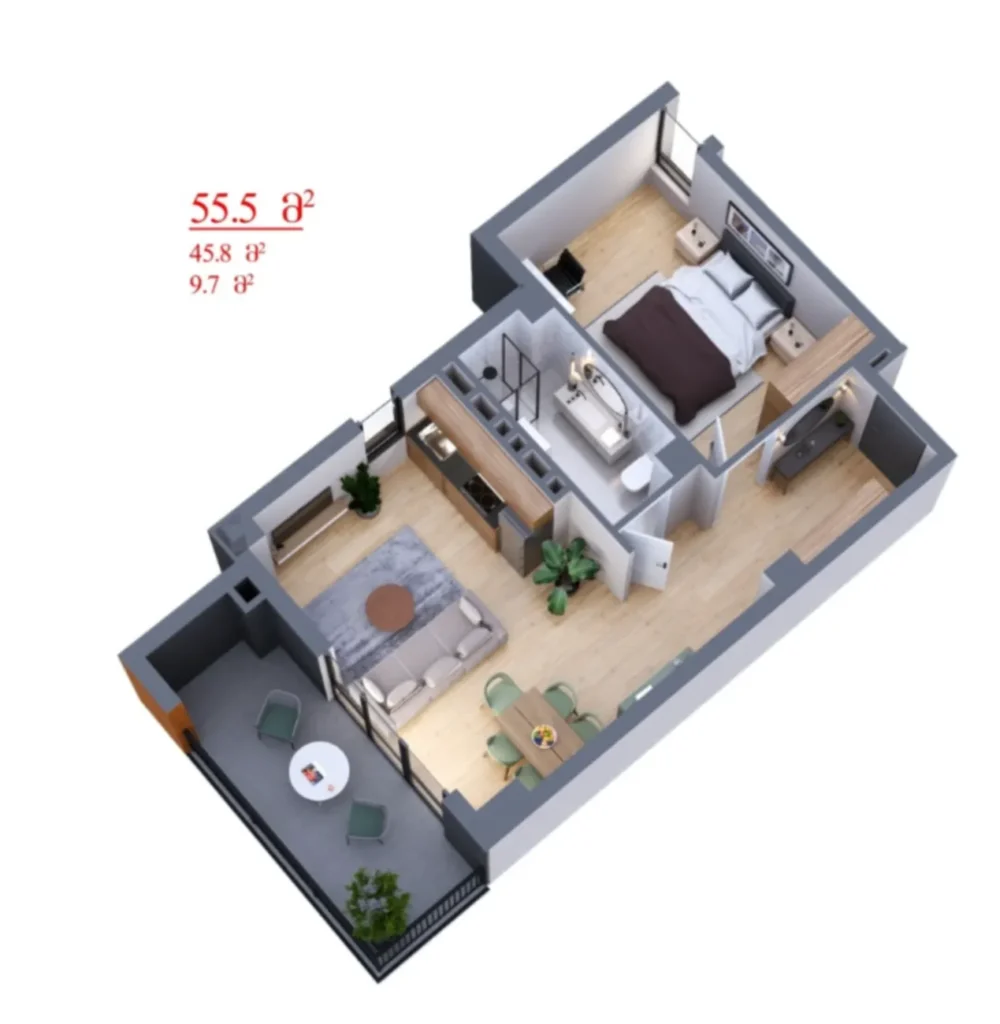 Studio fonctionnel à Nadzaladevi, d'une superficie de 41,9 m², situé à