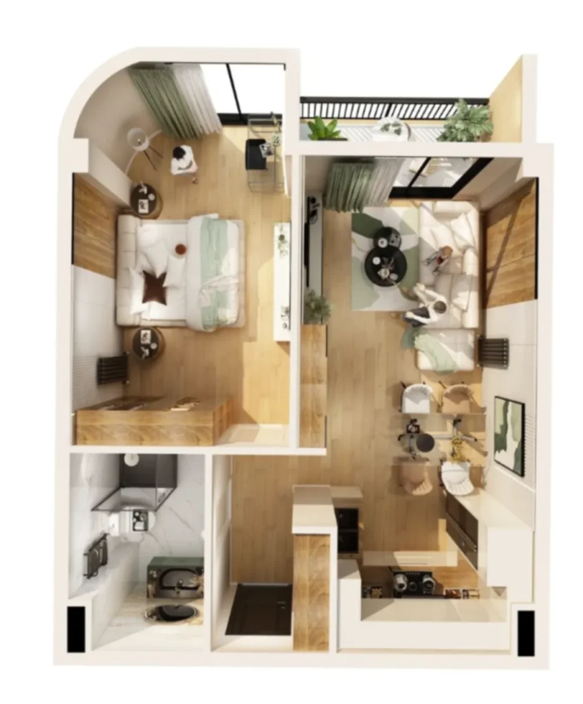 A stylish 1-bedroom flat measuring 48.8 m² in