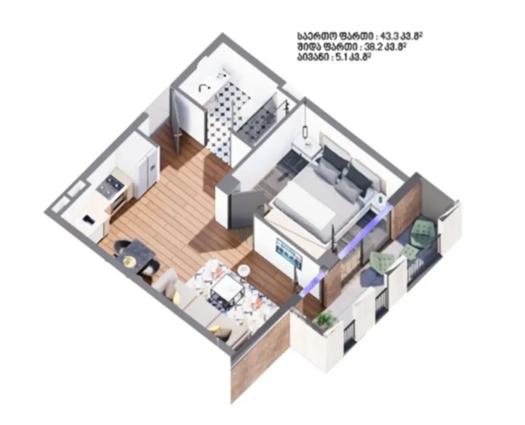 A practical one-bedroom flat in Isani, 43.3 m² in