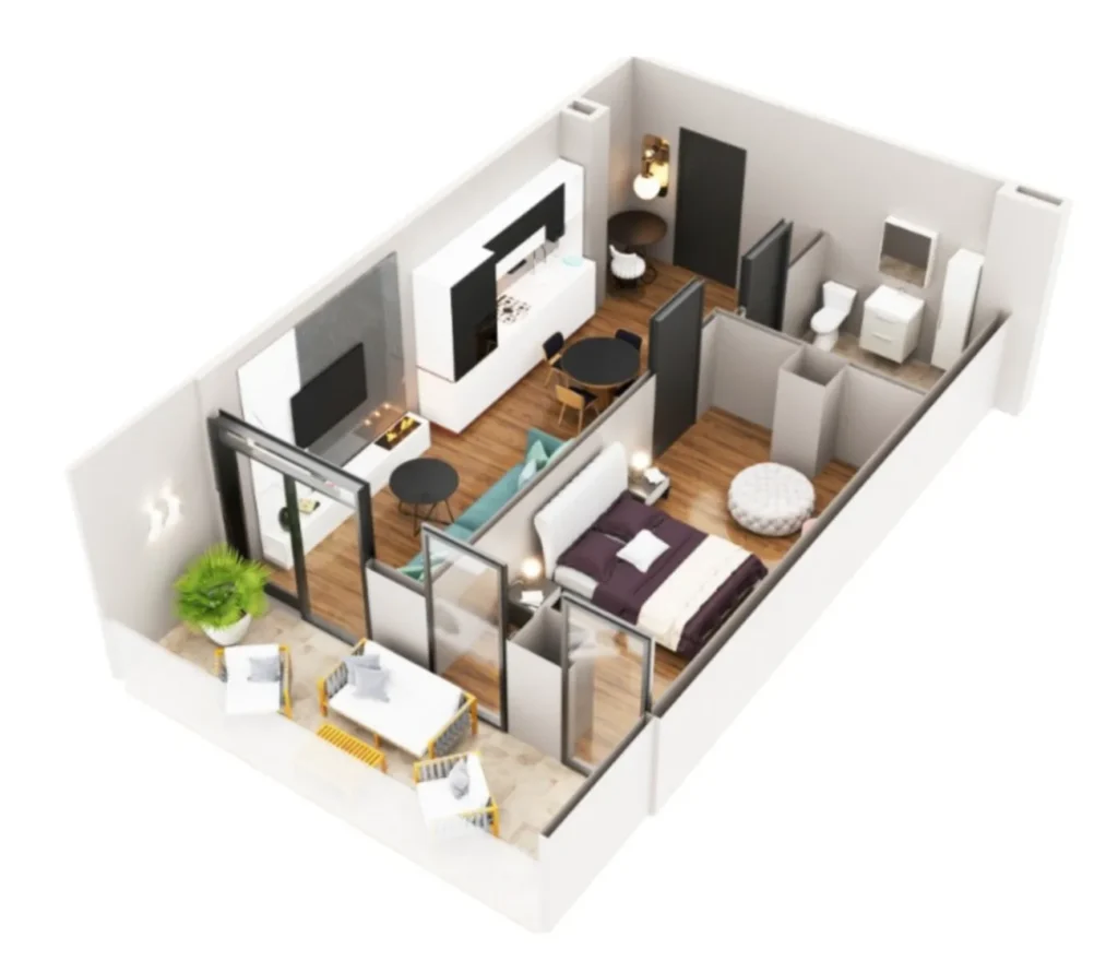 52 m²'lik işlevsel tek odalı daire,