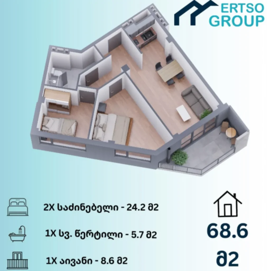 68,6 m²'lik konforlu 2 odalı daire,