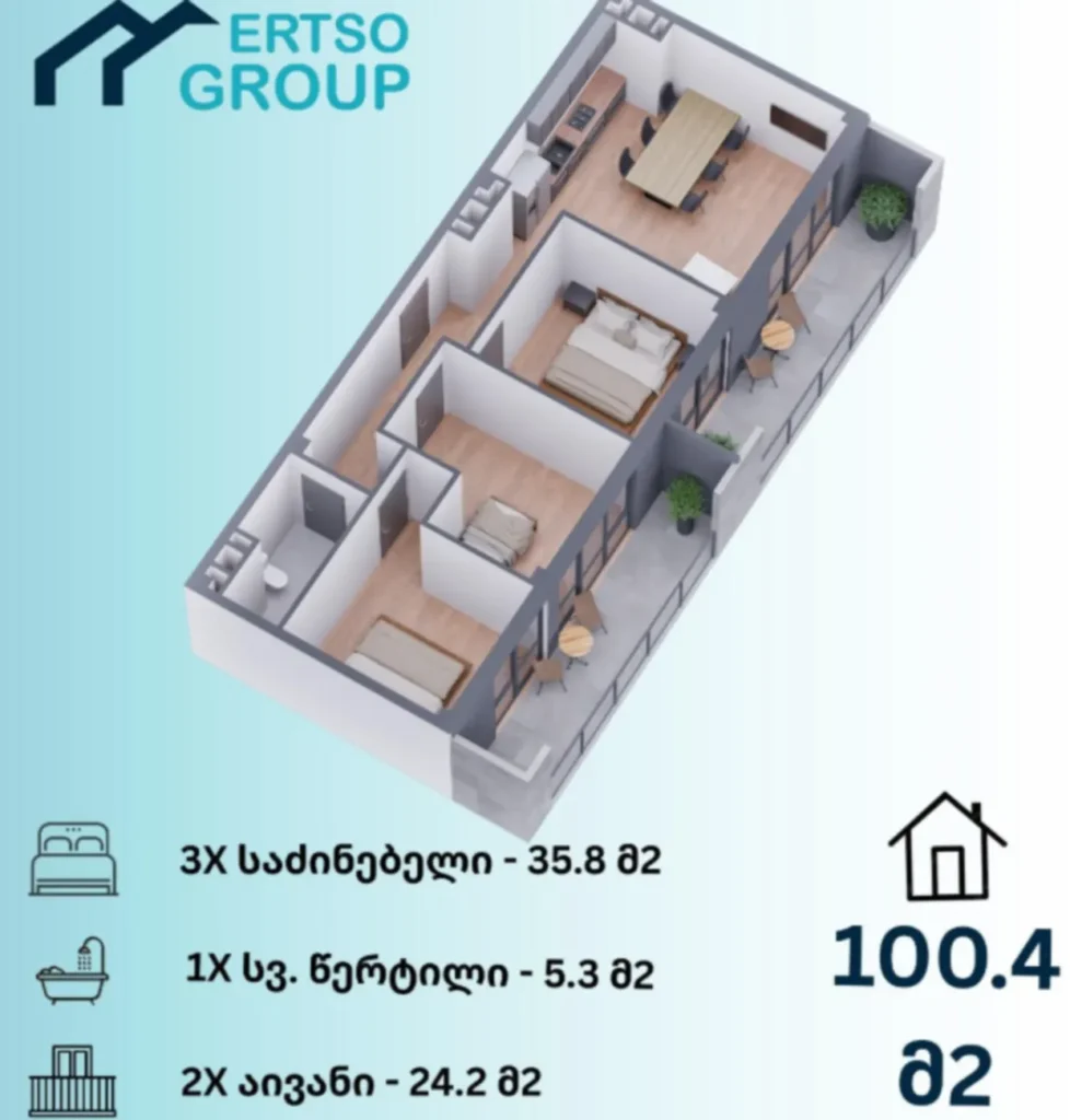 68,6 m²'lik konforlu 2 odalı daire,