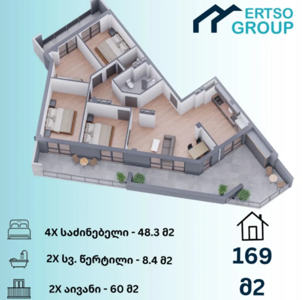 169 m²'lik, teraslı, etkileyici 4 odalı daire,