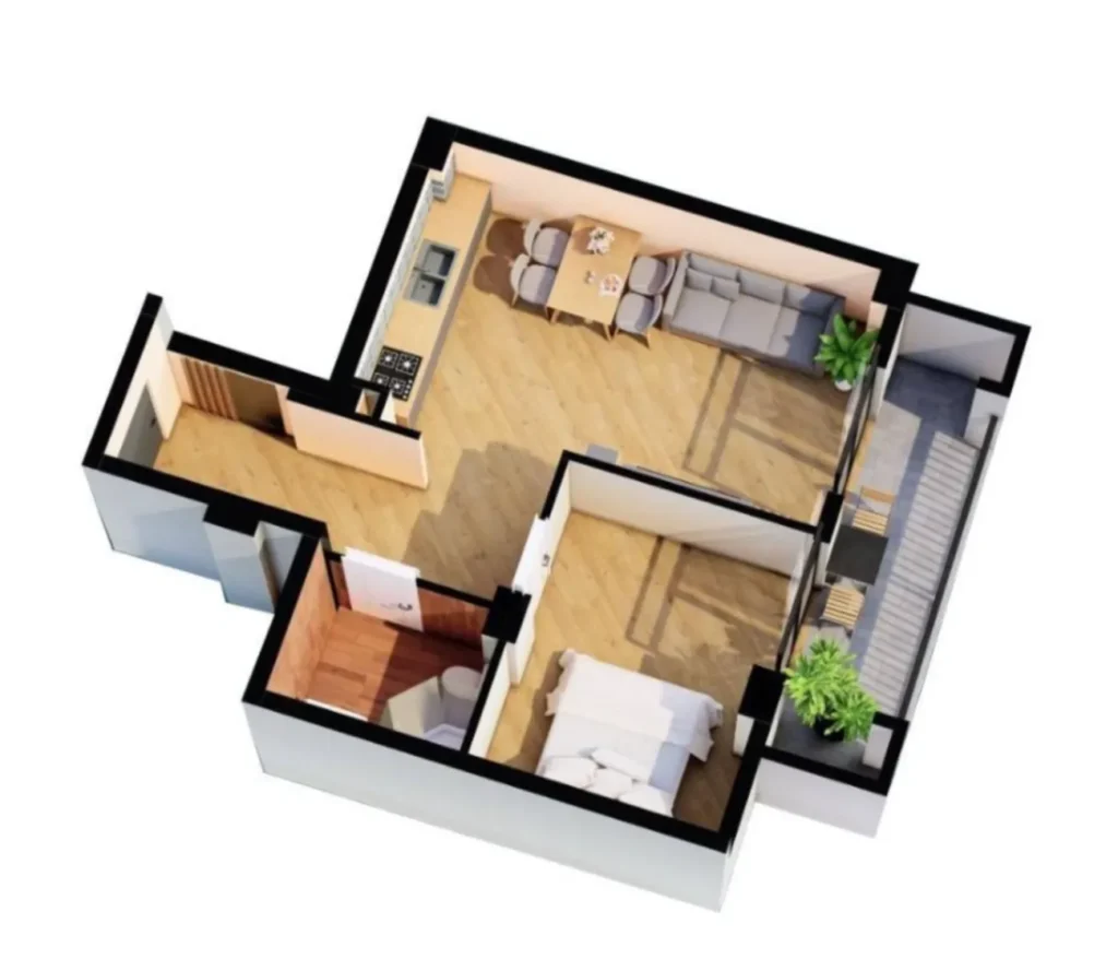 49,3 m²'lik aydınlık ve ferah 1 odalı daire,