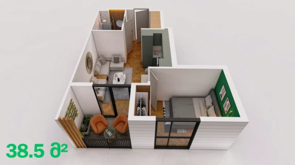 A well-designed one-bedroom flat measuring 38.5 m² in
